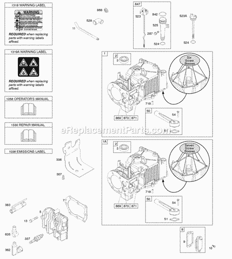 Cylinder Cylinder Head Lubrication OperatorS Manual Warning Label Diagram and Parts List for 10T602-0125-H1  Briggs and Stratton Engine
